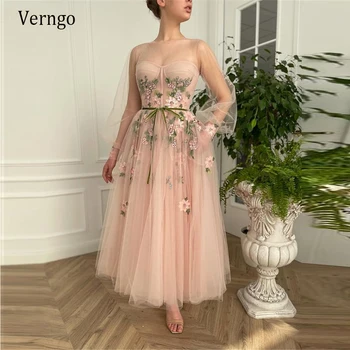 Verngo 2021 Нов дизайн, вечерни рокли от розов тюл, буйни рокли за партита с дълги ръкави и 3D цветя, рокли за абитуриентски бал с дължина до щиколоток с джобове