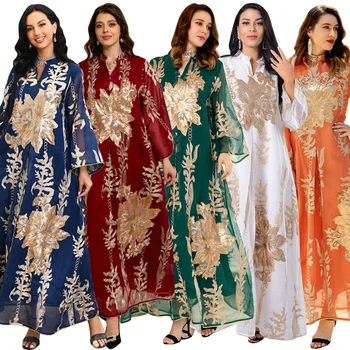 Рокля Абайя, расшитое златни мъниста, прежди, мюсюлманска дамски дрехи, Дубай, арабските европейските и американските модни тенденции