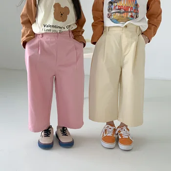 Детски дрехи, детски панталони, пролет 2023 г., за момчета и момичета, обикновена ежедневни прави панталони в корейски стил, свободни широки и дълги панталони
