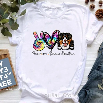 2023 Kawaii Peace Love Бернская планина Тениска С Графичен Принтом За Момичета, Лъскава Леопардовая Модерна Тениска, Дамска Тениска за любителите на Кучета, Върхове