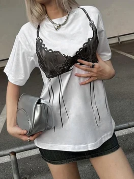 Дамски летни свободни топове Y2k с кръгло деколте и къс ръкав, 3D сутиен с принтом, модни и ежедневни готическата тениска