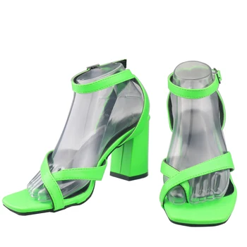 Дамски сандали на блок ток, летни сандали със закопчалка на щиколотке, модерни зелени дамски сандали на дебела подметка с квадратни пръсти, обувки за партита, големи размери