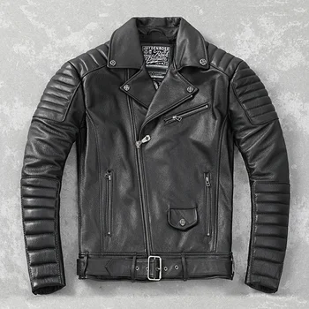 Мотоциклетът байкерская облекло от естествена телешка кожа, мъжко яке, дрехи за езда, палто с отложным яка, приталенное