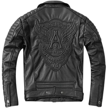 Мотоциклетът байкерская облекло от естествена телешка кожа, мъжко яке, дрехи за езда, палто с отложным яка, приталенное
