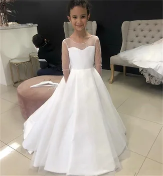 Рокля с цветя модел за момичета, бяло атласное тюлевое сватбена просто рокля с цветя модел за детски причастие, рожден ден, първото рокля на принцеса