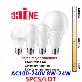 5 БР. Led лампа с възможност за регулиране цвят E27 B22 AC120V/AC220V 8 W-24 W CCT, Функция памет, проучване на цветовата температура за дома, офис осветление