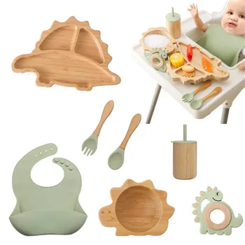 7 бр. комплект прибори за хранене на бебето, бамбук дървена нескользящая чаша, чиния за вечеря, силиконова лъжичка, не съдържа BPA, детска посуда, подарък за рожден ден