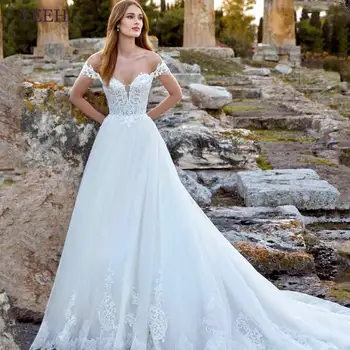 Да, класическата сватбена рокля в стил сладък булката с кружевными апликации, луксозна сватбена рокля с открити рамене, Vestido De Новия