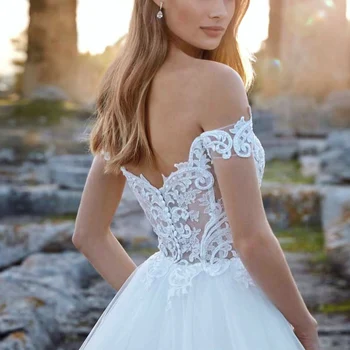 Да, класическата сватбена рокля в стил сладък булката с кружевными апликации, луксозна сватбена рокля с открити рамене, Vestido De Новия