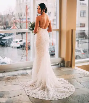 Сватбена рокля в бохемски стил с дължина до пода без ръкави с отворен гръб, бельо, очарователно, на спагети презрамки, с влак, елегантна