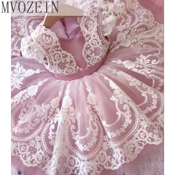 Буйни розови дантелени рокли с цветя модел за момичета, женски премяна, тюлевые рокли принцеса на детски рожден ден, детско рокля, милото детско първо причастие