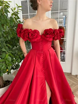 Подходящи рокли Aileen с цепка отстрани по заявка, Сатенени Вечерни Рокли за жени, Вечерна рокля за парти, Сватба Вечерна рокля, Червено Трапециевидное