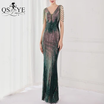 QSYYE, зелена вечерна рокля с V-образно деколте, бродирани с мъниста презрамки, ръкави, русалка, рокля за бала, дебнещ, 