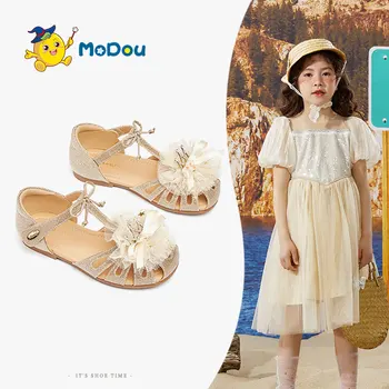 Кожени сандали за момичета Mo Dou, летни нескользящие обувки на принцесата подметка, с хубав лък и корона, с пръсти в западен стил, уютните