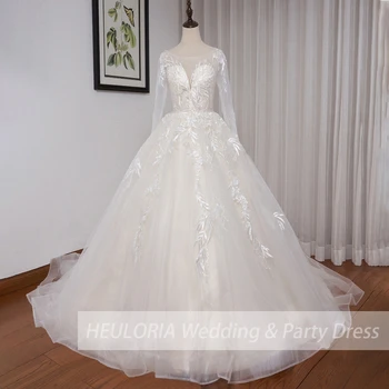 Бална рокля на принцеса сватбена рокля на булката с дълъг ръкав, рокля с кръгло деколте, големи размери, хавлия, бельо сватбена рокля с мъниста сватбена рокля