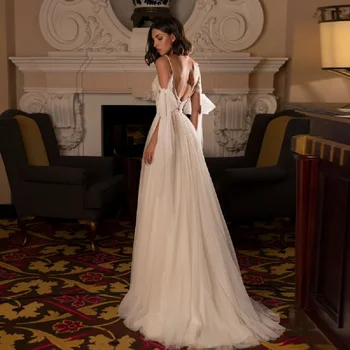 Сватбена рокля Ramanda на спагети презрамки-Спагети За булката 2023, Сватбената рокля Трапецовидна форма С Открити рамене, Широкия гръб и лък, Vestido De Casament
