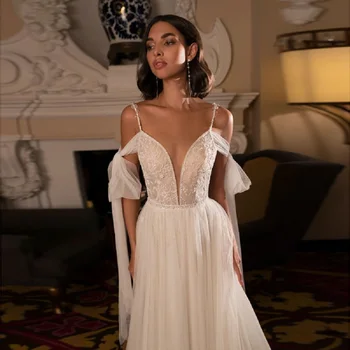 Сватбена рокля Ramanda на спагети презрамки-Спагети За булката 2023, Сватбената рокля Трапецовидна форма С Открити рамене, Широкия гръб и лък, Vestido De Casament