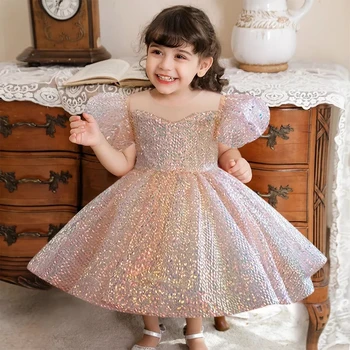 Луксозни рокли за малки принцеси с пайети за момичета в цветенце, елегантни рокли за сватбени партита, бална рокля-пакетче