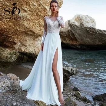 Бяла сватбена рокля SoDigne Beach с кръгло деколте, дълъг ръкав, висока цепка отстрани, иллюзионное сватбена рокля по поръчка