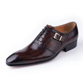 Мъжки социална обувки от естествена кожа, Oxfords, елегантни мъжки модел обувки, черно кафе, ръчно цветове, вечерни сватбени обувки с остър пръсти дантела