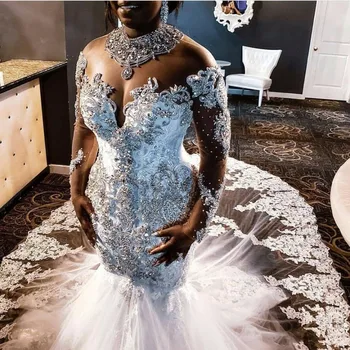 Robe De Mariee, луксозна сватбена рокля с декорация във формата на кристали, расшитое мъниста, илюзия, дълги ръкави, сватбени рокли стил Русалка, Ливан, по поръчка 2023