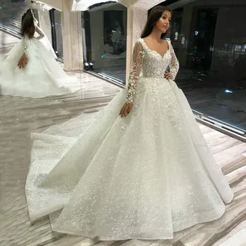 Луксозни дантелени сватбени рокли с дълги ръкави 2022, бална рокля с аппликацией от мъниста, сватбени рокли, арабско vestido de noiva