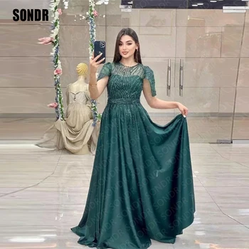 SONDR Зелена дълго атласное рокля с пайети за бала, ръкави-наметало, О-образно деколте, блестящи вечерни рокли за официални събития, Vestidos