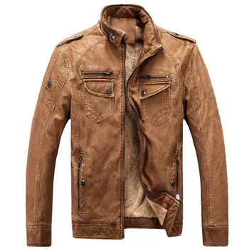 Зимно яке за Мъже с висока яка мотоциклетът кожена s Plus кадифе промытая ретро изкуствена мъжки плътен топло яке