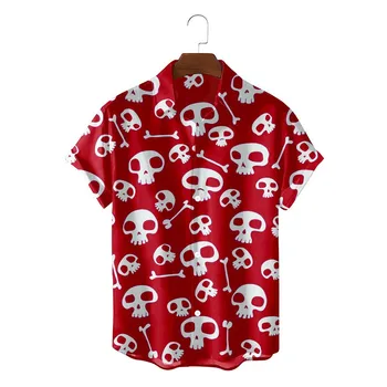 Мъжки свободна реколта риза с череп в стил Пънк с цифрово 3D принтом и къс ръкав за Хелоуин, върхове за cosplay, мъжки ежедневни риза с копчета