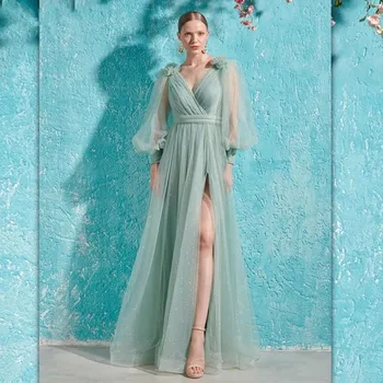 Блестящо зелено Тюлевое Официална Вечерна рокля за жените 2023, V-образно деколте, 3D Цвете, с Дълги Ръкави, Трапециевидные Рокли за Абитуриентски бал, Robes De Soirée