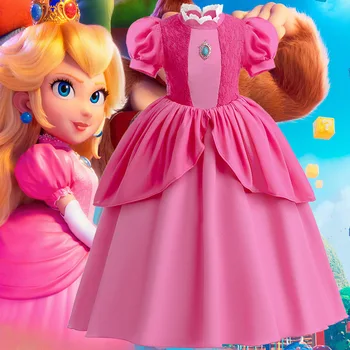 2023 Костюм принцеса прасковено цветове за момичета, Супер Брат, детско облекло за Хелоуин с пищни ръкави и ръкавици под формата на короната