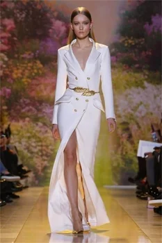 Дизайнерски женски костюм, дълго сако, рокля за бала със златен колан, изработена по поръчка на сватбен официално офис яке, двубортное вечерна рокля