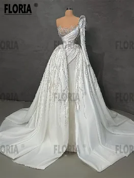Празнична рокля от луксозни мъниста и перли Сватбена рокля с подвижна влак, сватбена рокля с дълъг ръкав в Дубай, сватба парти, жена 2023