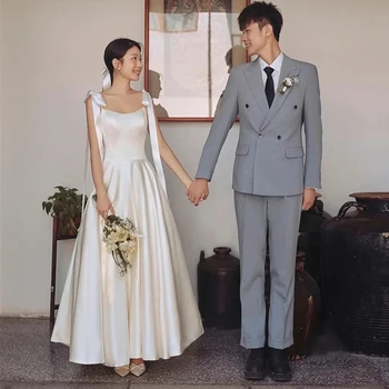 Корейски класически сатен сватбени рокли с тънки спагети презрамки с дължина до щиколоток, улични сватбени рокли Grarden, сватба парти 웨딩 드레스 2023