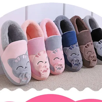 Дамски зимни домашни памучни чехли за дома, обувки с анимационни котка, нескользящие меки зимни топли домашни чехли за спалня в стаята за двойки