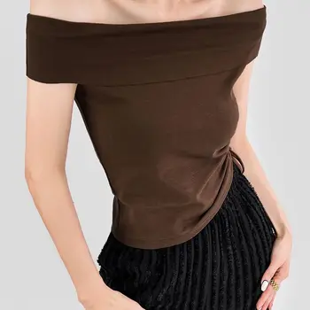 плиссированный дизайн със странично шнурком, облегающая тениска с открити рамене за жените, лято 2023, нов топ с къс ръкав