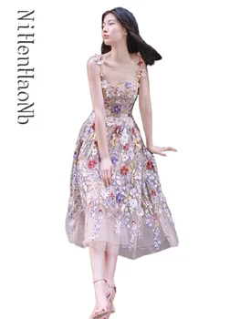 Луксозни буйни рокля с цветя модел, рокли за абитуриентски бал, секси дамски официални рокли трапецовидна форма с тънки спагети презрамки с дължина до коляното