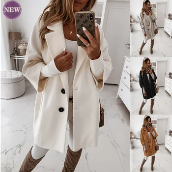 Модно Проста Вълнена дамско палто 2023, Есента Ръкав Три Четвърти, Копчета С Ревери, Свободни джобове, Вълнена Темпераментное палто