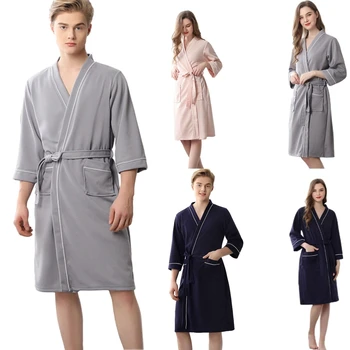 Халати за баня с вафла текстура за двойки, леки халати за жени и мъже, с 3/4 ръкави, халат за баня, мека пижами, дамски дрехи за почивка