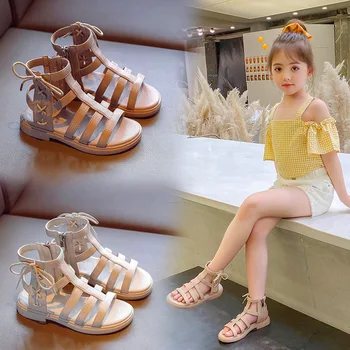 Римски сандали за момичета със страничен цип, детски висок връх с хубав бантиком, просто лека тканая мека подметка, готини обувки на принцесата