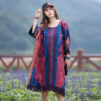 2023 китайското рокля ханфу народен танцов костюм традиционните памучни ленено свободно рокля с бродерия на цветя национално етническа рокля