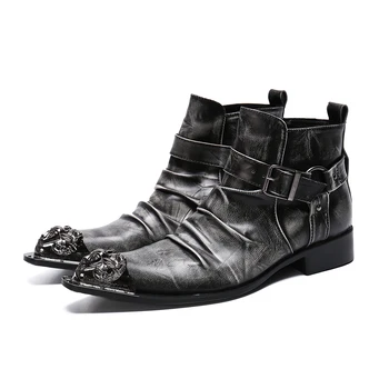 2023 Италианска бизнес обувки с остри пръсти, големи размери, класически къси ботуши с цип в стил пънк-рок, елегантни мъжки каубойски ботуши от телешка кожа