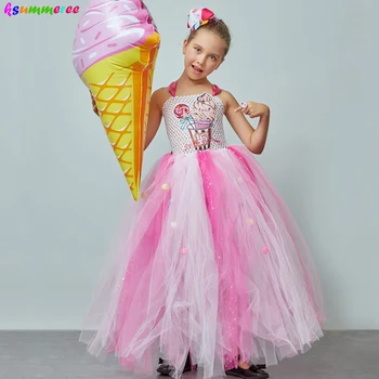 Рокля-пакет за момичета със сладолед и бонбони, панделки за коса, детски костюм-пакет за рожден ден, празнична рокля на принцеса, рокля-близалка