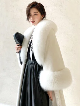 Палто от изкуствена кожа кадифе, дамски бяло XS-6XL, яка от лисьего кожа, дебели топлина, светлина, луксозна зимна мода, елегантни дрехи за големия стил, дамски
