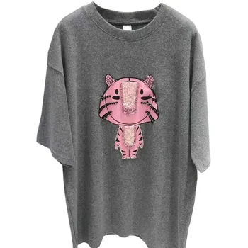 Годишна сладка женска тениска, нови висококачествени мат свободни дамски тениски с принтом харадзюку, бродирани с пайети, розови, сиви блузи за момичета