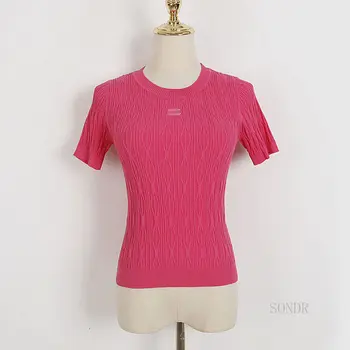 Розово-червена дамска тънка тениска 2023, летни блузи, монтиране пуловер, риза, гърдите иконата, през цялата деколте, риза с къс ръкав, лятна тениска