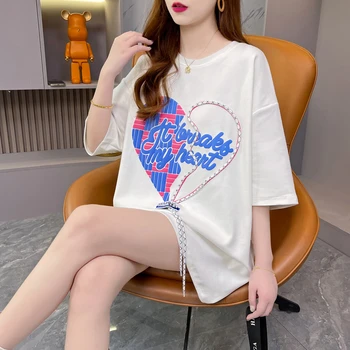 Дамска лятна тениска с принтом, дамски памучен тениска с къс ръкав, дамски свободна женска тениска в корейски стил, с кръгло деколте, черен, бял
