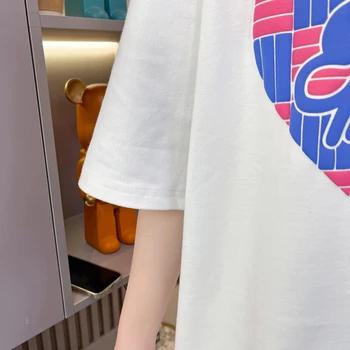 Дамска лятна тениска с принтом, дамски памучен тениска с къс ръкав, дамски свободна женска тениска в корейски стил, с кръгло деколте, черен, бял