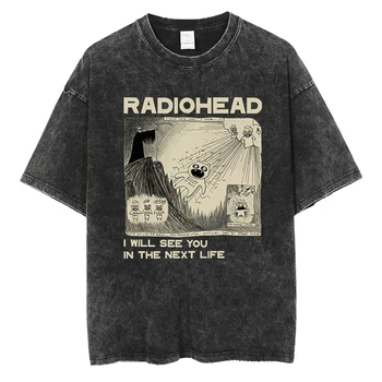 Тениска с Принтом рок Група Radiohead За Феновете на Музиката на хип-Хоп Тениска От Висококачествен Памук, Промит Винтажными Мъжки Женски Футболками С Къс Ръкав