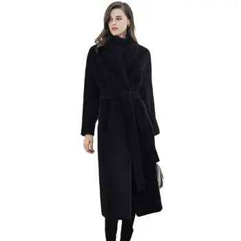 Висококачествено зимно палто от алпака, женско, топло и удобно дълго пряко палто, ново 2023 г., черно палто с ревера на лигавицата на дебелото, модно палто за междуградски пътувания